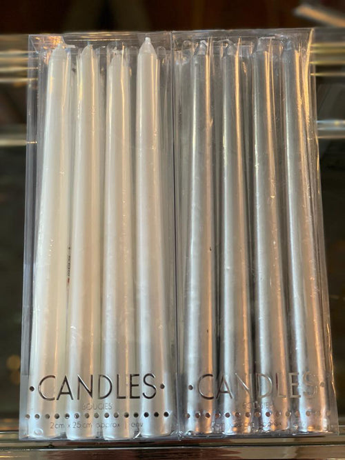  Metallic silver tapered candles. Pack of four.