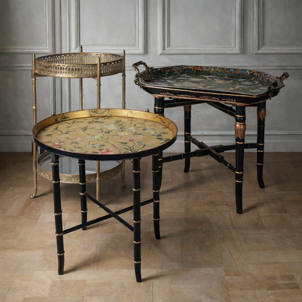 Set of 2 black metal side tables.