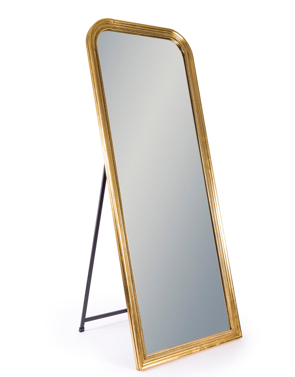 Tall gold cheval mirror with beaded edge.