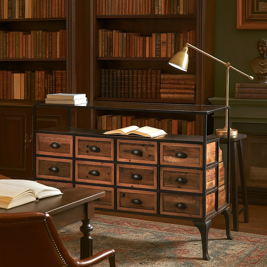 Wooden display cabinet with drawers and bookshelves filled with books in a room setting.