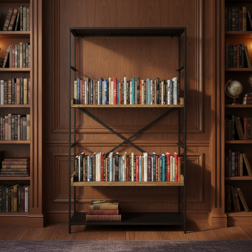 A metal and wooden shelving unit with two shelves and a black frame. In a library room