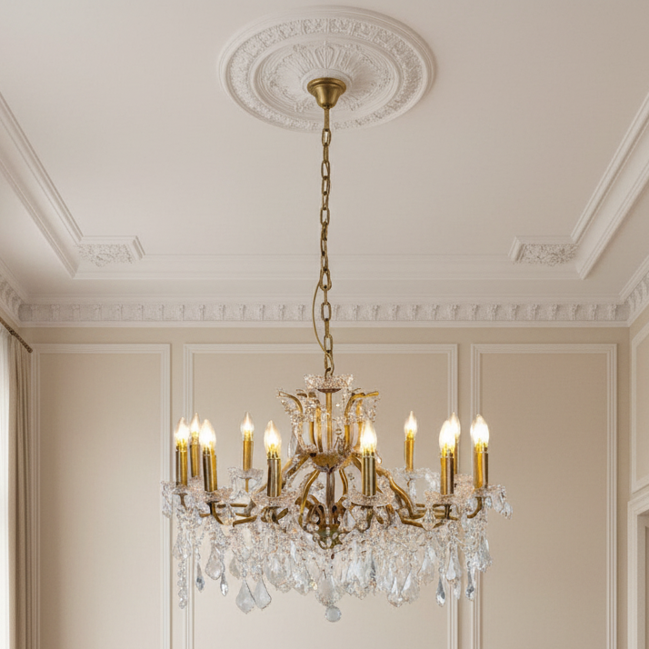 Vintage style gold crystal chandelier styled in an elegant interior living room