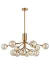 A 12 globe light on a brushed brass frame, large statement light spreading a warm glow over your room. 2 150 cm Rods and 2 300 cm rods provided to add to the height of this light.   W: 90 cm H: 49 cm (Minimum) 140 cm (Max) Extra rods provided to facilitate height.