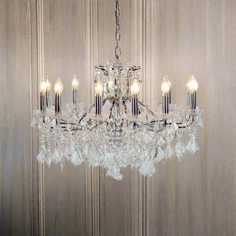 The classic, shallow chandelier with an abundance of crystal drops across the 12 branches, perfect for period homes, giving off a lot of light. Another colour in our range of classic crystal 12 arm fittings. Perfect in a period home