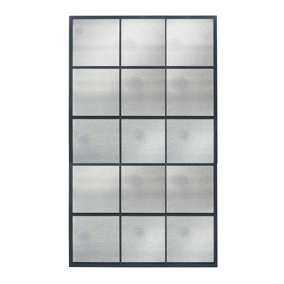 Large 15-panel aged glass window mirror with a black frame, featuring a vintage industrial design. Perfect for enhancing room aesthetics.