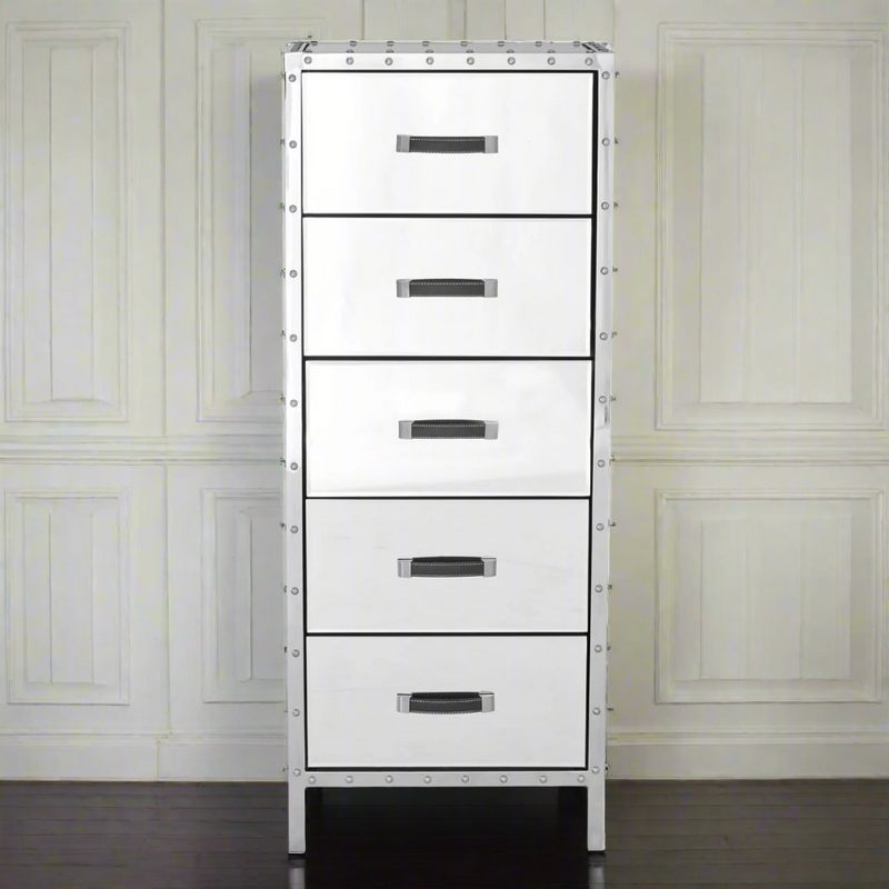 Tall, 5 drawer mirrored tallboy chest. Mirrored furniture reflects the light in the room giving the impression of space. Tallboys are a great alternative to a chest of drawers, taking up much less space but with the same amount of storage.