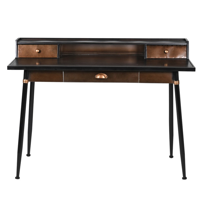 A 2 drawer desk in an industrial finish. A classic look in black & brown metal perfect in a library or reading room.  A substantial desk, made to last in a very stylish finish. 