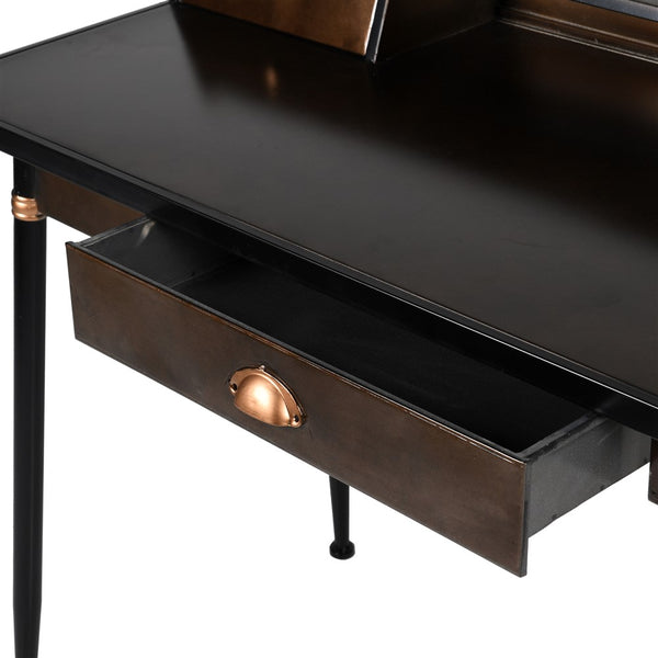 A 2 drawer desk in an industrial finish. A classic look in black & brown metal perfect in a library or reading room.  A substantial desk, made to last in a very stylish finish. 