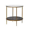 Elegant side table with a round glass top, gold-tone metal frame, and a lacquered lower shelf featuring a Japanese-style pattern of cranes and cherry blossoms.