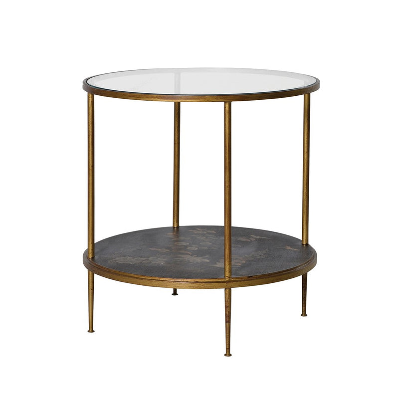 Elegant side table with a round glass top, gold-tone metal frame, and a lacquered lower shelf featuring a Japanese-style pattern of cranes and cherry blossoms.