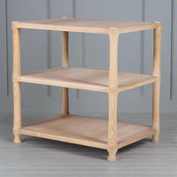 A really useful three tier side table in a beautiful pale oak colour.&nbsp; The three rectangular shelves are supported by four corner legs, which are subtly carved near the joints. Each tier provides open storage space, so practical in your living area.&nbsp; Great for use as a side table or as a small storage unit with its clean and versatile aesthetic it will work well in so many different interior styles.