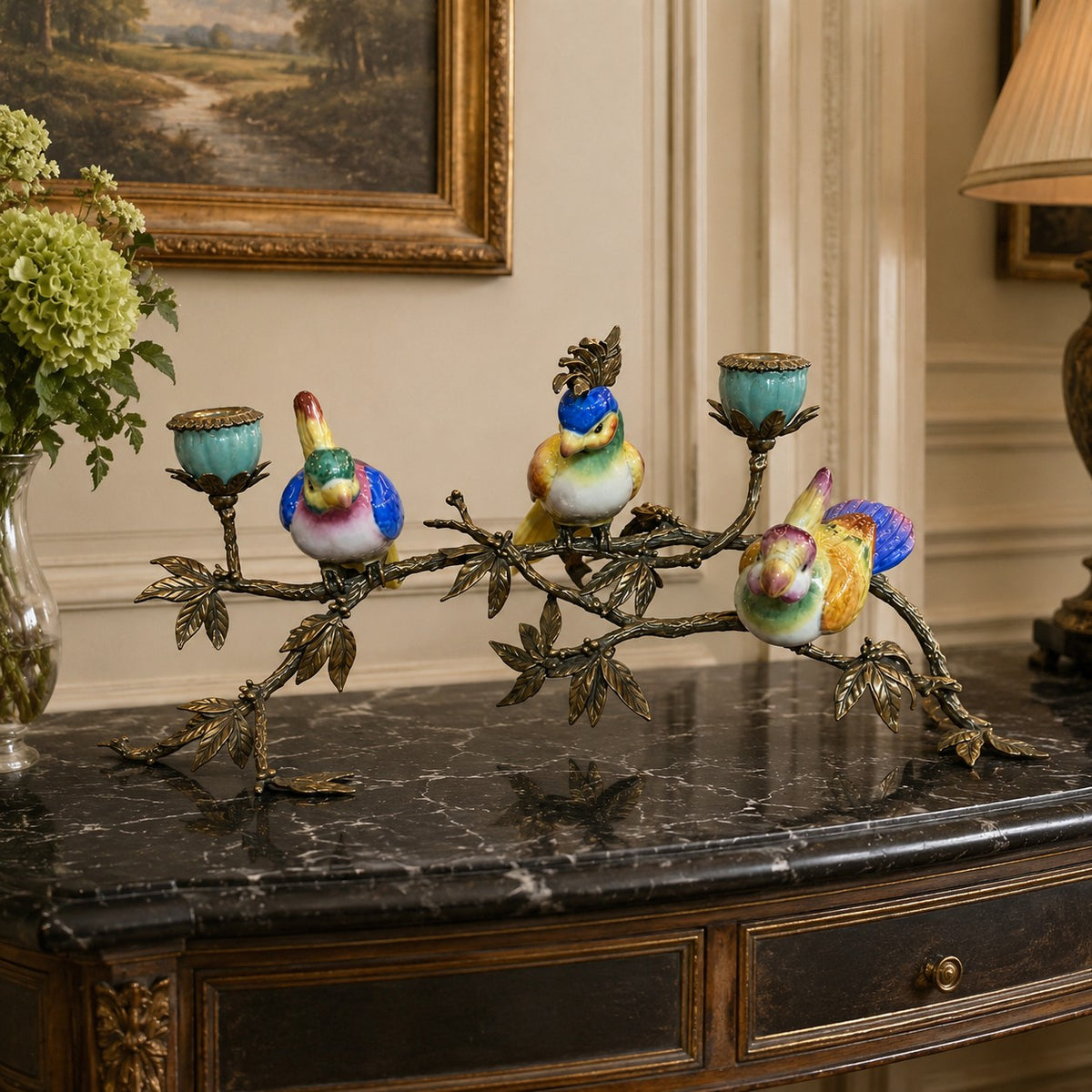 Three Porcelain Bird on Bronze Branch Candleholder