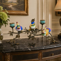 Three Porcelain Bird on Bronze Branch Candleholder