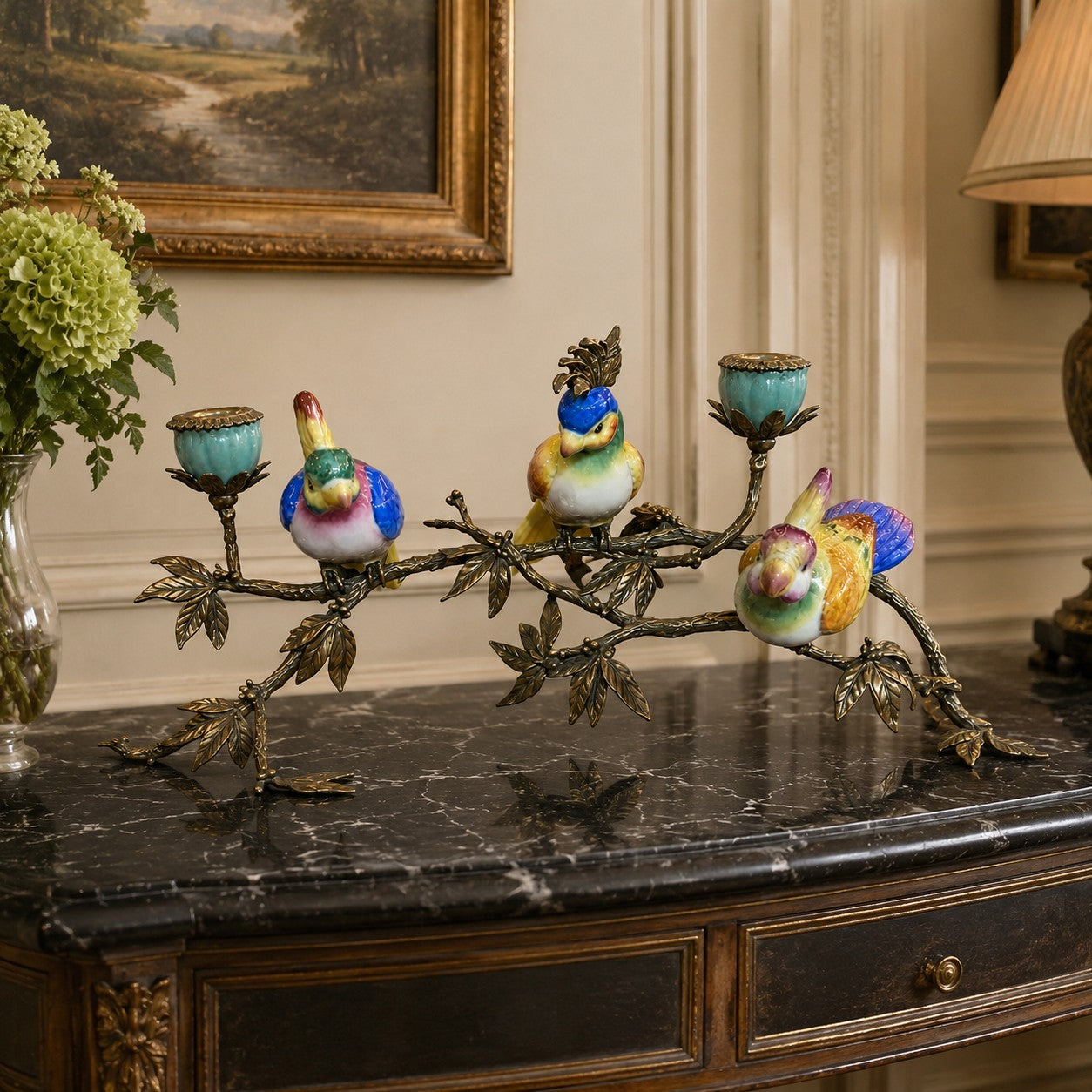 Three Porcelain Bird on Bronze Branch Candleholder