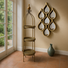 Moroccan style three tier folding stand in antique brass with galleried trays.&nbsp; &nbsp;Can be used in a kitchen, bathroom, anywhere in the house to display or use as extra storage. A great, authentic Moroccan look that works well in a period or eclectic interior.&nbsp; In a conservatory or on a patio covered in plants, bathroom for all those bathing accessories, this unit has so many uses.&nbsp; &nbsp; Made in an antique brushed brass metal with three antique brass trays that slide into the stand or can