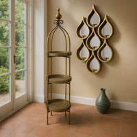 Moroccan style three tier folding stand in antique brass with galleried trays.&nbsp; &nbsp;Can be used in a kitchen, bathroom, anywhere in the house to display or use as extra storage. A great, authentic Moroccan look that works well in a period or eclectic interior.&nbsp; In a conservatory or on a patio covered in plants, bathroom for all those bathing accessories, this unit has so many uses.&nbsp; &nbsp; Made in an antique brushed brass metal with three antique brass trays that slide into the stand or can