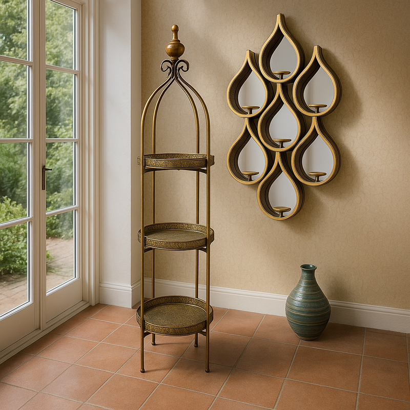 Moroccan style three tier folding stand in antique brass with galleried trays.&nbsp; &nbsp;Can be used in a kitchen, bathroom, anywhere in the house to display or use as extra storage. A great, authentic Moroccan look that works well in a period or eclectic interior.&nbsp; In a conservatory or on a patio covered in plants, bathroom for all those bathing accessories, this unit has so many uses.&nbsp; &nbsp; Made in an antique brushed brass metal with three antique brass trays that slide into the stand or can