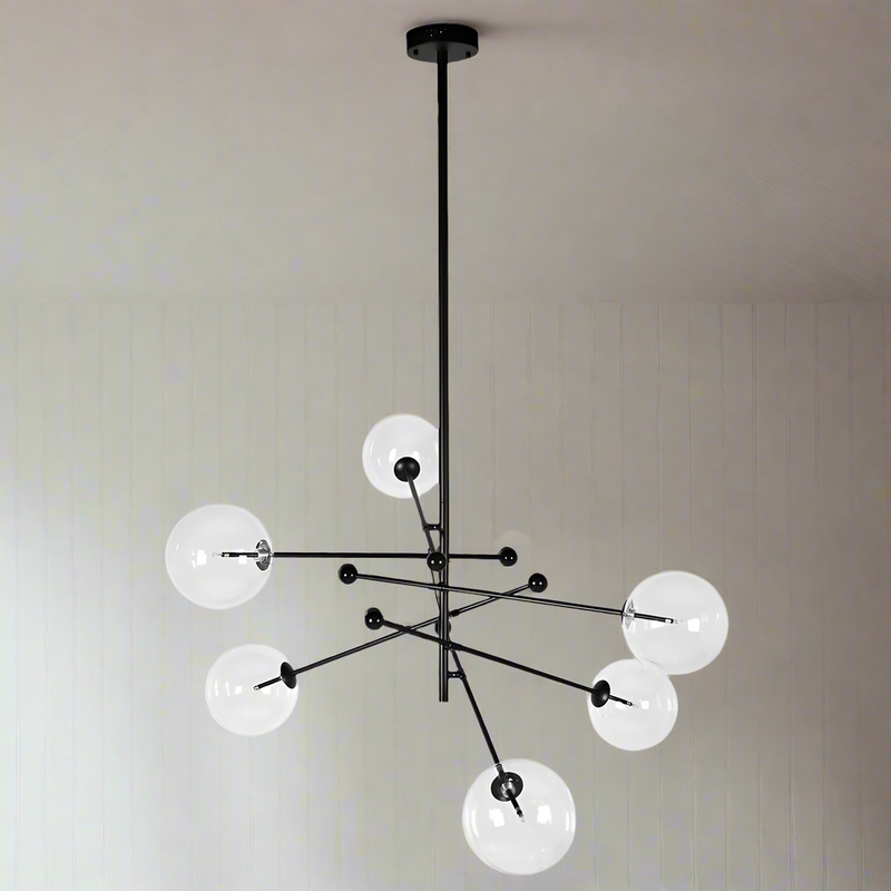 Mega, 6 clear globes on a black metal pendant.&nbsp; Contemporary, asymmetric pendant, perfect kitchen or hall pendant, spreading light.