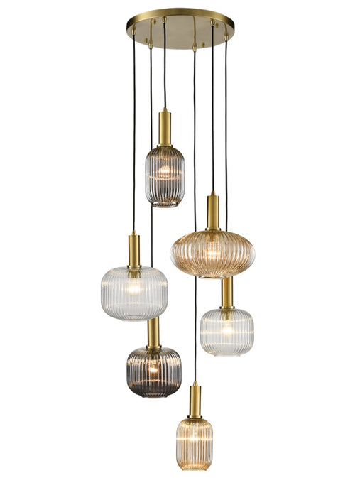 Stunning ribbed glass cluster pendant in subtle coloured shades.&nbsp; A really unusual and totally adjustable cluster light with 6 individual globes.   H: 130 cm (Min) - 340 cm (Max) W: 66 cm