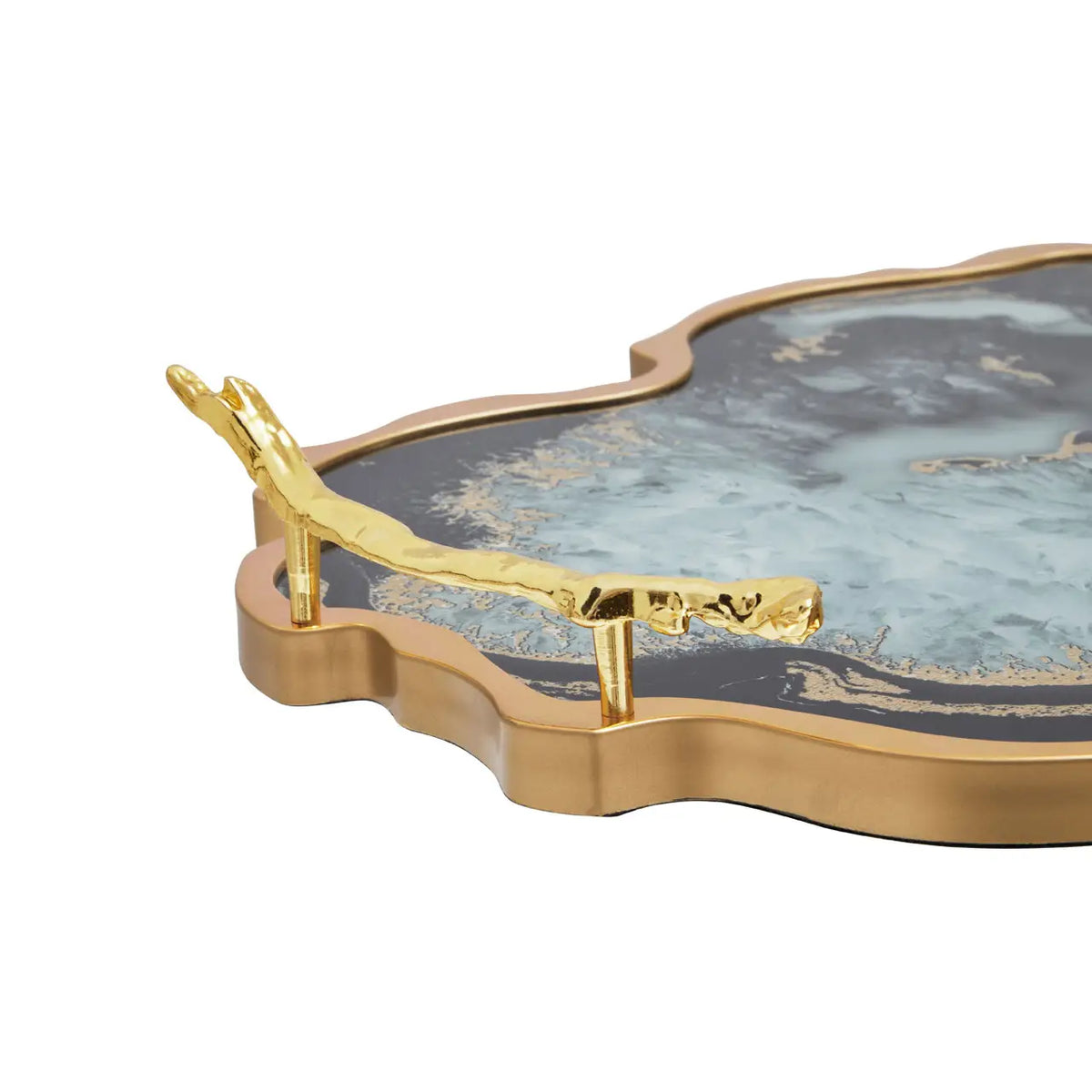 An absolutely stunning agate tray in a black and azure blue colour set in a brushed gold border with gilt styled handles. A perfect gift for the home that has everything.&nbsp;&nbsp; A touch of luxury on your table or as a luxurious gift !!