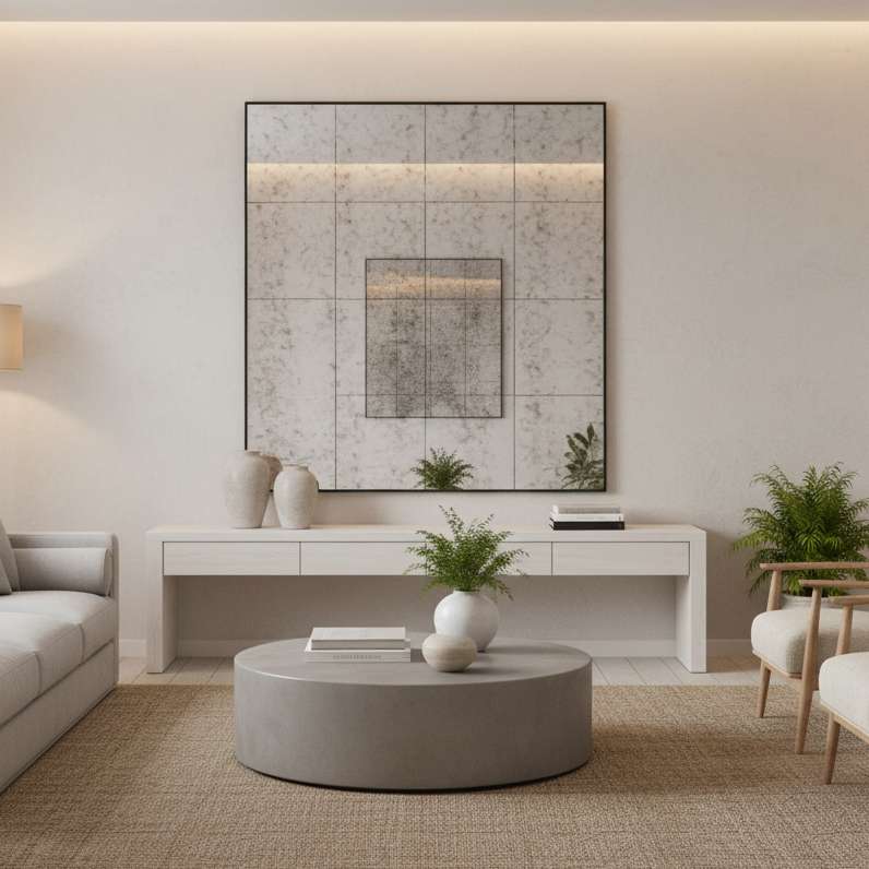 Heavily aged glass window mirror, a great way to add atmosphere to a space. This square mirror has a vintage feel adding a softer focus and light in a subtle way.