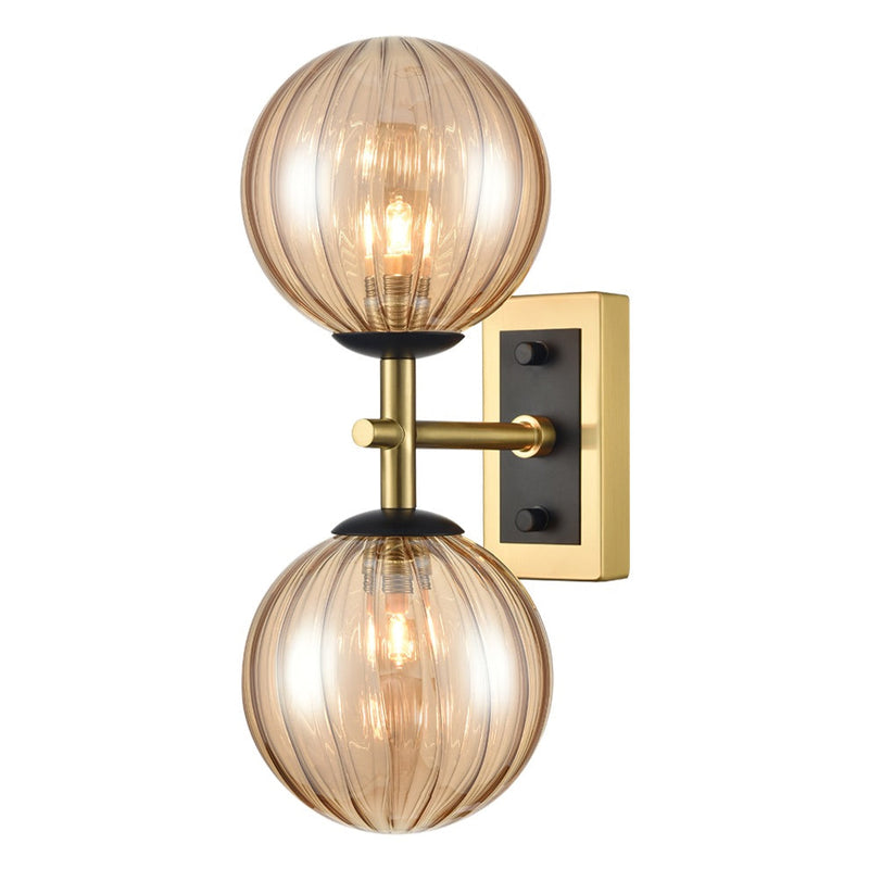 Aged Brass & Matt Black Dual Wall Light With Tinted Ribbed Glass IP 44 - 30 cm