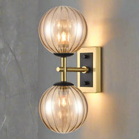 Aged Brass & Matt Black Dual Wall Light With Tinted Ribbed Glass IP 44 - 30 cm