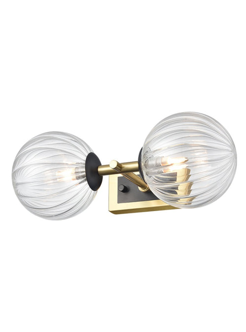 Aged Brass & Matt Black Dual Wall Light With Clear Ribbed Glass IP 44 - 30 cm