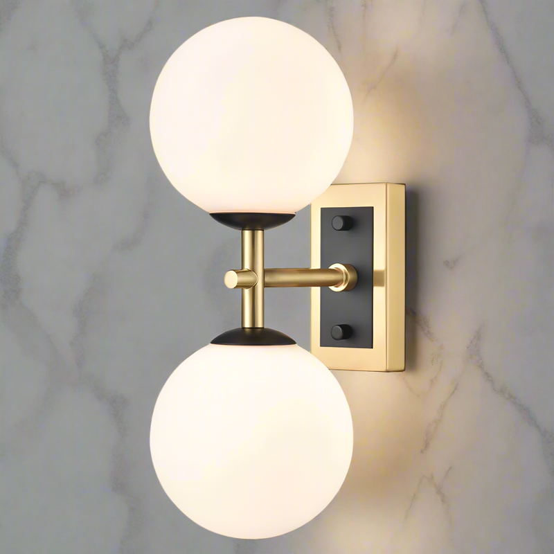 Aged Brass & Matt Black Dual Wall Light With Opal Glass IP 44 - 30 cm