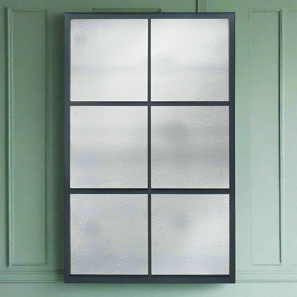 Rectangular, black framed window mirror with six panes and benefiting from an aged glass finish. Creating a airy and spacious impression in any space. This mirror would extend the space in a narrow hall, , give a vintage feel to your kitchen.

H: 110 cm W: 70 cm