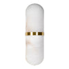 A pale coloured alabaster wall light in an 'art deco' shape with a gilt central band.&nbsp; At 40 cm long, this is a substantial light and would look perfect on a living room wall to add an 'art deco' aesthetic to the room.&nbsp; Wall lights are a fantastic way to add subtle lighting to your room and these alabaster lights are both decorative and effective.