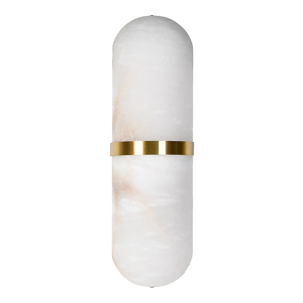 A pale coloured alabaster wall light in an 'art deco' shape with a gilt central band.&nbsp; At 40 cm long, this is a substantial light and would look perfect on a living room wall to add an 'art deco' aesthetic to the room.&nbsp; Wall lights are a fantastic way to add subtle lighting to your room and these alabaster lights are both decorative and effective.