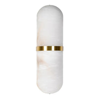A pale coloured alabaster wall light in an 'art deco' shape with a gilt central band.&nbsp; At 40 cm long, this is a substantial light and would look perfect on a living room wall to add an 'art deco' aesthetic to the room.&nbsp; Wall lights are a fantastic way to add subtle lighting to your room and these alabaster lights are both decorative and effective.