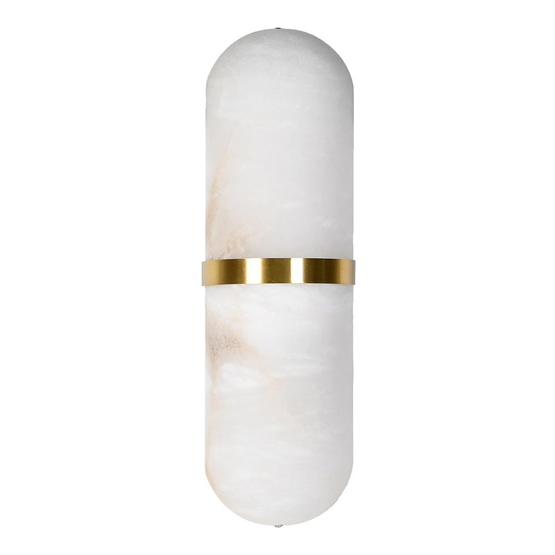A pale coloured alabaster wall light in an 'art deco' shape with a gilt central band.&nbsp; At 40 cm long, this is a substantial light and would look perfect on a living room wall to add an 'art deco' aesthetic to the room.&nbsp; Wall lights are a fantastic way to add subtle lighting to your room and these alabaster lights are both decorative and effective.