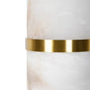 A pale coloured alabaster wall light in an 'art deco' shape with a gilt central band.&nbsp; At 40 cm long, this is a substantial light and would look perfect on a living room wall to add an 'art deco' aesthetic to the room.&nbsp; Wall lights are a fantastic way to add subtle lighting to your room and these alabaster lights are both decorative and effective.