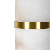 A pale coloured alabaster wall light in an 'art deco' shape with a gilt central band.&nbsp; At 40 cm long, this is a substantial light and would look perfect on a living room wall to add an 'art deco' aesthetic to the room.&nbsp; Wall lights are a fantastic way to add subtle lighting to your room and these alabaster lights are both decorative and effective.
