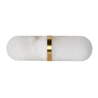 A pale coloured alabaster wall light in an 'art deco' shape with a gilt central band.&nbsp; At 40 cm long, this is a substantial light and would look perfect on a living room wall to add an 'art deco' aesthetic to the room.&nbsp; Wall lights are a fantastic way to add subtle lighting to your room and these alabaster lights are both decorative and effective.