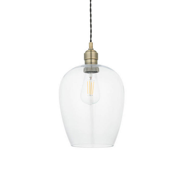 Tall clear glass pendant with brass fitting and black twisted flex.&nbsp; These are extra large glass pendants, perfect grouped over an island in the kitchen, on a stairwell or in a hall.