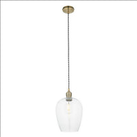 Tall clear glass pendant with brass fitting and black twisted flex.&nbsp; These are extra large glass pendants, perfect grouped over an island in the kitchen, on a stairwell or in a hall.