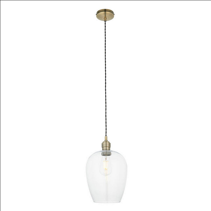 Tall clear glass pendant with brass fitting and black twisted flex.&nbsp; These are extra large glass pendants, perfect grouped over an island in the kitchen, on a stairwell or in a hall.