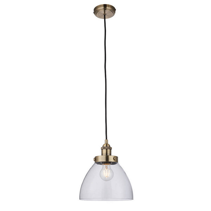A simple glass and antique brass pendant, clean, simple lines. Great kitchen island light, either alone or in a group.