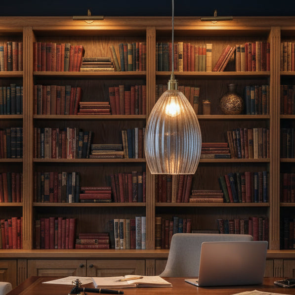 A long ribbed glass and antique brass metal pendant light. Perfect kitchen island light, or in a bedroom. Great in a hall will illuminate and add a glow to any room.