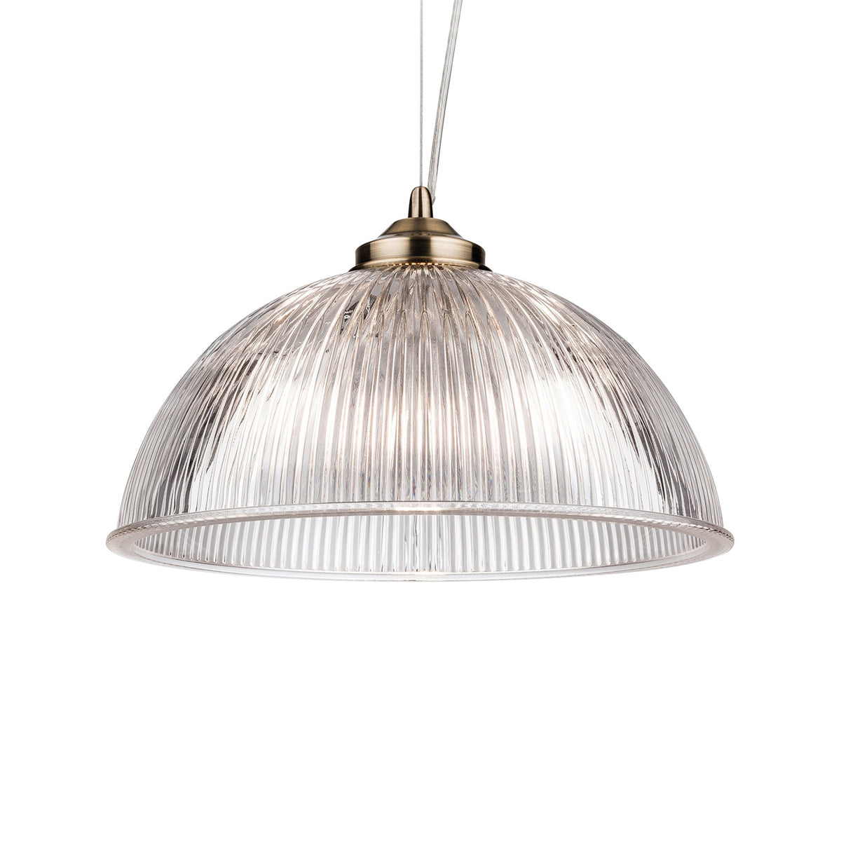 Ribbed glass and antique brass metal pendant light.  Ideal hall light or in a kitchen, over an island, a versatile light to suit any decor.