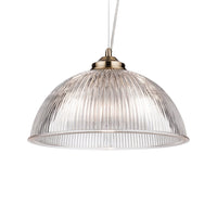 Ribbed glass and antique brass metal pendant light.  Ideal hall light or in a kitchen, over an island, a versatile light to suit any decor.