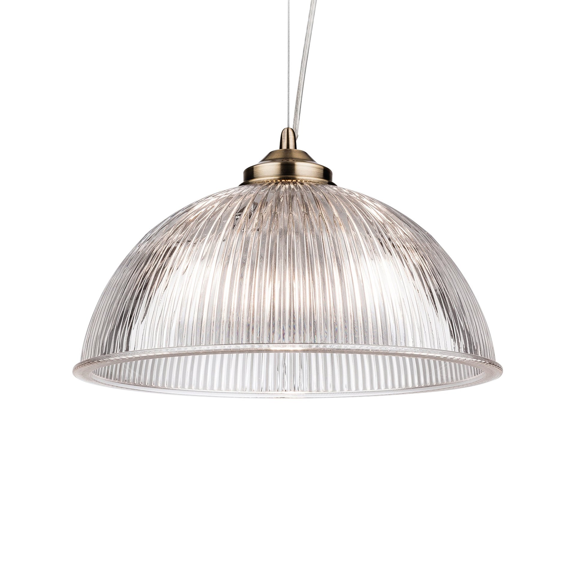 Ribbed glass and antique brass metal pendant light.  Ideal hall light or in a kitchen, over an island, a versatile light to suit any decor.