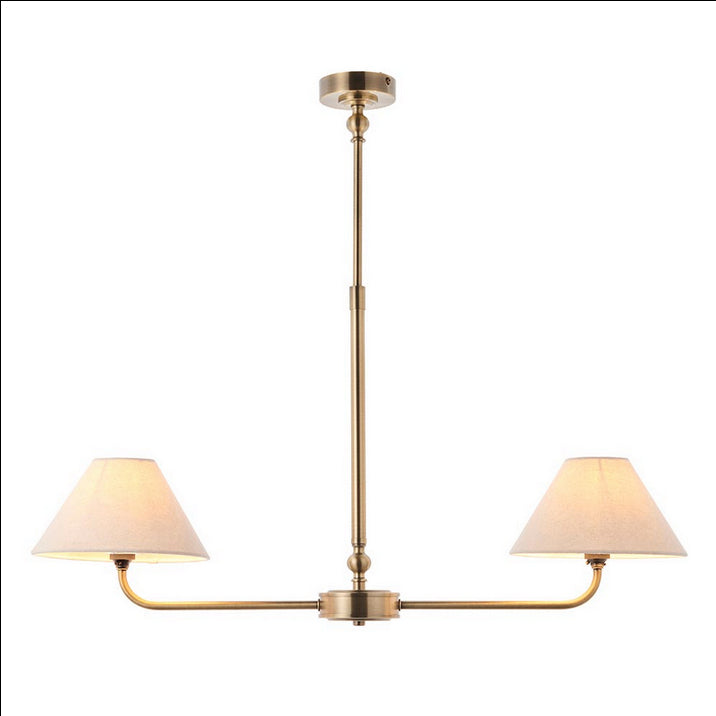 A refined ceiling light featuring an antique brass frame with two gently curved arms, each supporting a classic tapered fabric shade.Ideal over dining tables, kitchen islands, or breakfast bars 