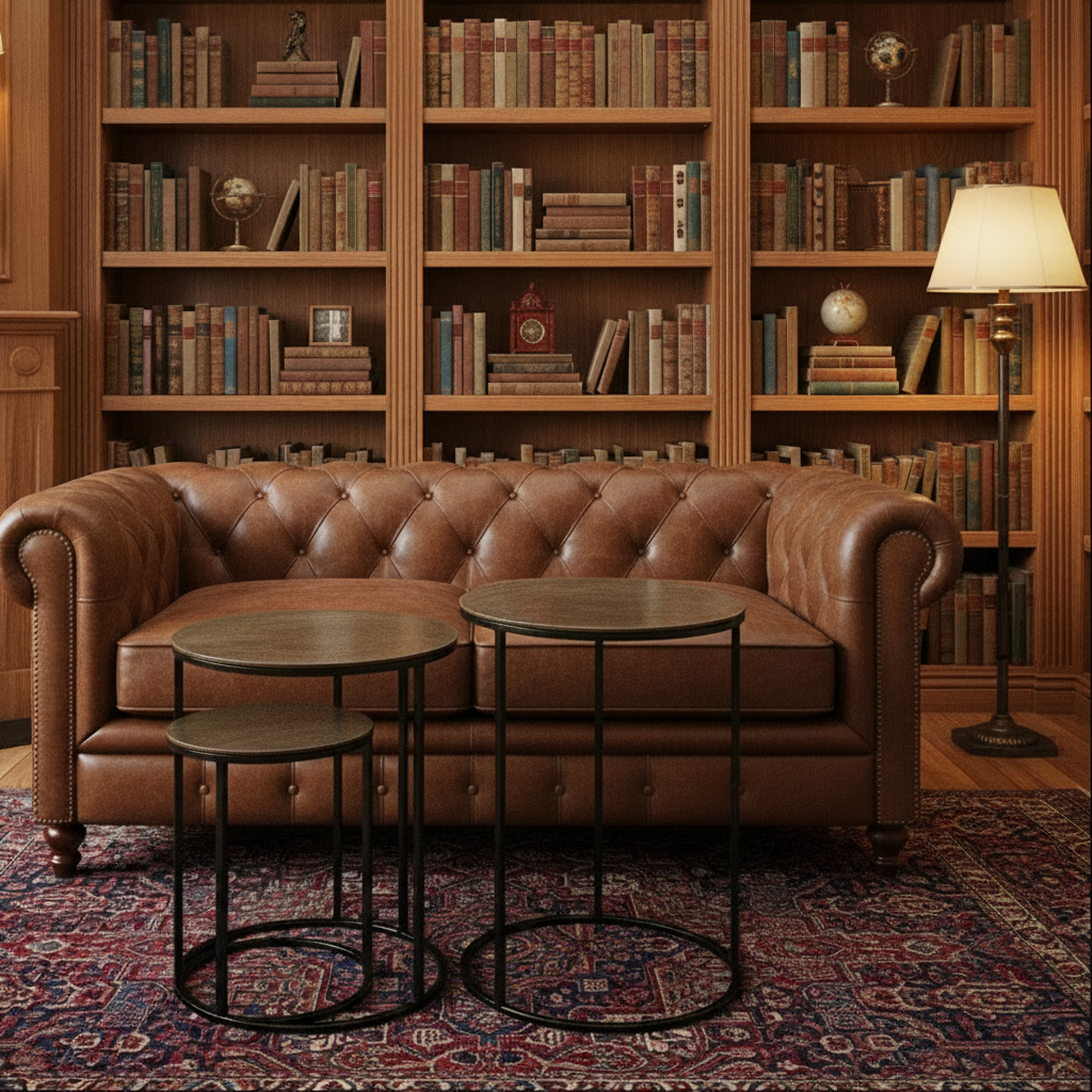 A set of three, bronze topped round side tables in a library setting with leather sofa, stacked bookcases and lamp.