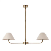 A refined ceiling light featuring an antique brass frame with two gently curved arms, each supporting a classic tapered fabric shade. Its elegant symmetry and warm metallic finish bring understated sophistication to any space.
Ideal over dining tables, kitchen islands, or breakfast bars where focused yet ambient lighting is needed. Its slim linear form makes it perfect for narrower spaces or areas requiring balanced illumination.