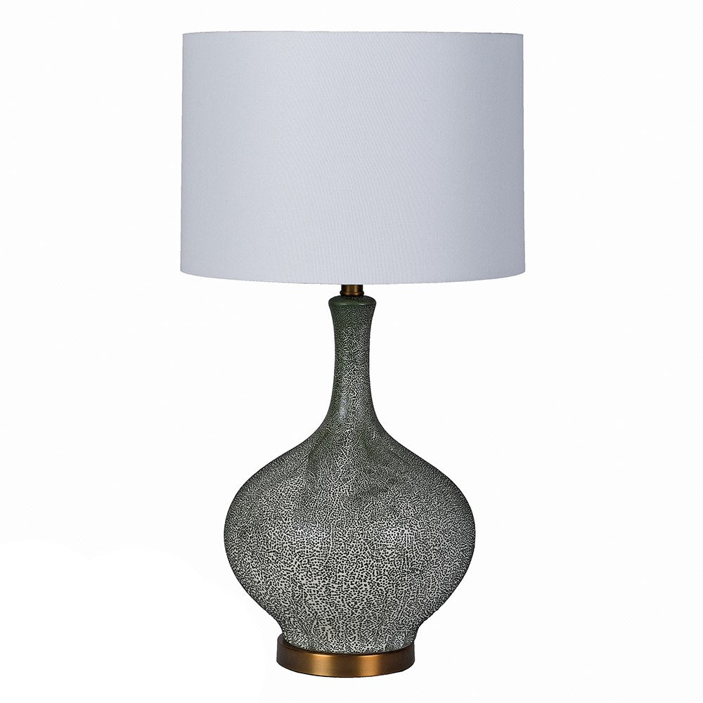 Tall, faux, antique shagreen lamp and white shade.&nbsp; A stunning contrast between the dark shagreen colour of the base and the bright white of the shade, a tall imposing lamp that will add glamour and luxury to any room.&nbsp; The whole lamp is set on an antique gold base.&nbsp; The white shade will allow a lot of light to reflect through.&nbsp;&nbsp;

H: 70 cm&nbsp; W: 40 cm