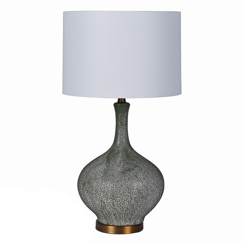 Tall, faux, antique shagreen lamp and white shade.&nbsp; A stunning contrast between the dark shagreen colour of the base and the bright white of the shade, a tall imposing lamp that will add glamour and luxury to any room.&nbsp; The whole lamp is set on an antique gold base.&nbsp; The white shade will allow a lot of light to reflect through.&nbsp;&nbsp;

H: 70 cm&nbsp; W: 40 cm